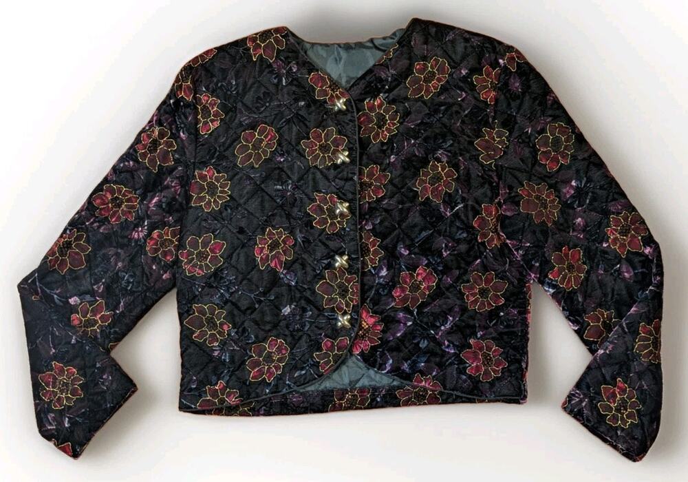 Vintage First Option Women's Quilted Velvet Jacket Floral Burgundy Gold Goth 90s